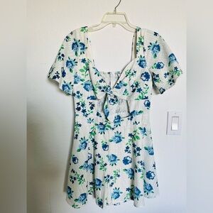 Large White & Blue Floral Tie-Front Romper